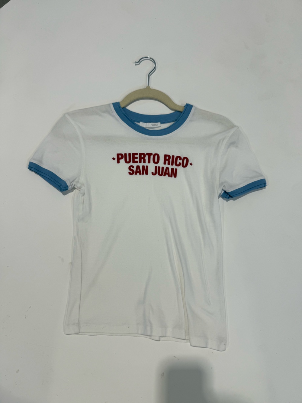 Zara White Tee with Blue Trim and Red 'Puerto Rico San Juan' Graphic